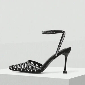 Black Glamorous Women's Rhinestone Buckle High Heel Shoes